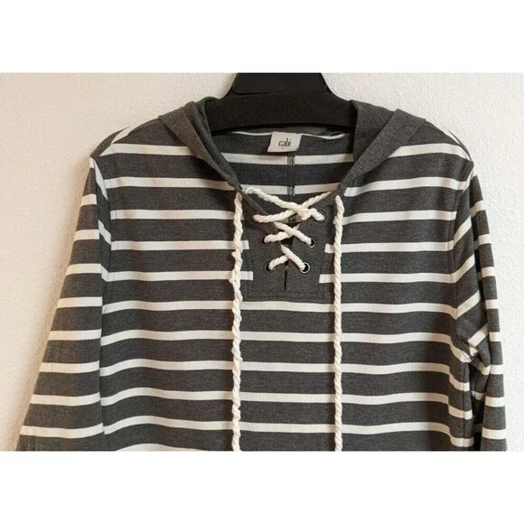 Cabi Women's Windward Striped Hooded Sweatshirt Top Gray/White # 5324 Size Small - Picture 3 of 9